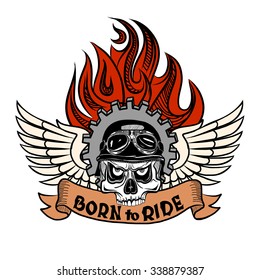 Vintage Biker Skull with wings and flame. Vector image