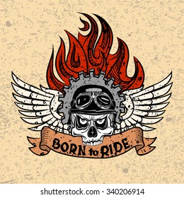Vintage Biker Skull with wings and flame. Vector image