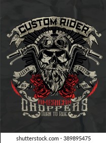 Vintage Biker Skull with Wings and Pistons Emblem
