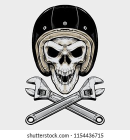 Vintage Biker Skull and Wrench. Isolated artwork object. Suitable for and any print media need.	