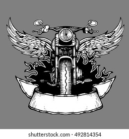 Vintage biker vector label, emblem, logo, badge with motorcycle. Motorbike with wings illustration