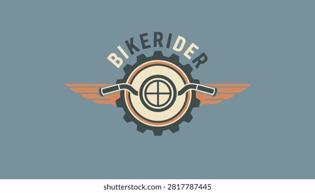 Vintage bikerider logo design featuring motorcycle handlebars wings and a gear on a solid blue background.