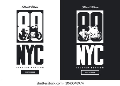 Vintage bikers club black and white isolated vector t-shirt logo. Premium quality motorcycle logotype tee-shirt emblem illustration. New York City street wear number old retro hipster tee print design