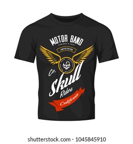 Vintage bikers club motor band vector logo isolated on dark t-shirt mock up.
Premium quality skull in helmet logotype tee-shirt emblem illustration. Street wear rider retro hipster tee print design.