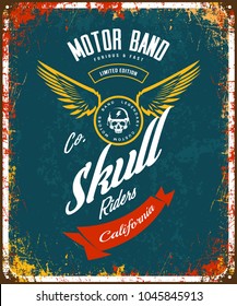Vintage bikers club motor band vector t-shirt logo isolated on dark. Premium quality skull in helmet logotype tee-shirt emblem illustration. Street wear rider old retro hipster tee print design.