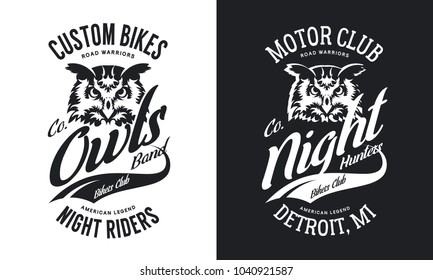 Vintage bikers club t-shirt black and white isolated vector logo. Premium quality owl bird night hunter logotype tee-shirt emblem illustration. Detroit, Michigan street wear retro tee print design.