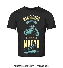 Vintage bikers club vector logo isolated on black t-shirt mock up. Premium quality motorcycle logotype tee-shirt emblem illustration. New York City road warriors street wear retro tee print design.