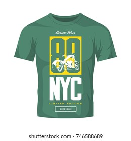 Vintage bikers club vector t-shirt logo isolated on green t-shirt mock up. Premium quality motorcycle logotype tee-shirt emblem illustration. New York City street wear number retro tee print design.