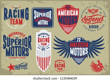 Vintage bikers graphics, emblems, badges, patchworks with grunge backgrounds.