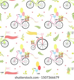 Vintage Bikes with Flowers and Balloons Seamless Pattern Vector Illustration