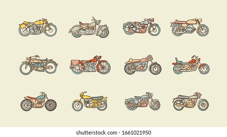 Dibujo manual de vectores de motocicletas de época