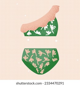 Vintage Bikini. Separate swimwear, swimsuit, retro high waiste bottom, pink ruffled top, bra. Mexican or Brazilian, doodle flowers, texture. For trendy beach, poolside, pool. Vector illustration