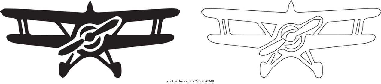 Vintage biplane aircraft set with a solid black silhouette and a thin outline version, representing aviation and flight history