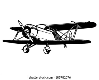 Vintage biplane aircraft. Vector hand drawn illustration. 