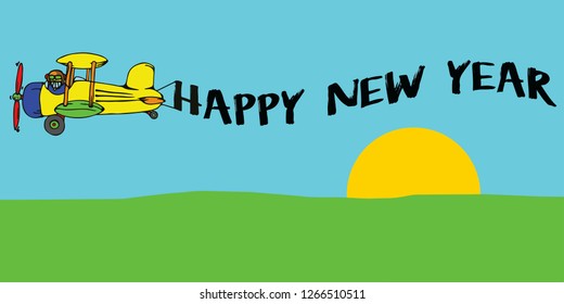 A vintage bi-plane pulling a Happy New Year banner. Hand drawn vector illustration.