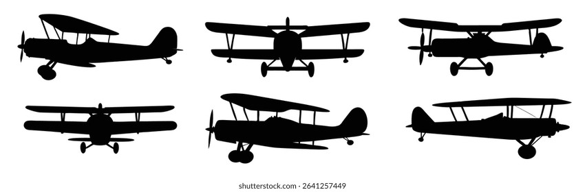 Vintage Biplane Silhouettes Set  Retro Aircraft Clipart