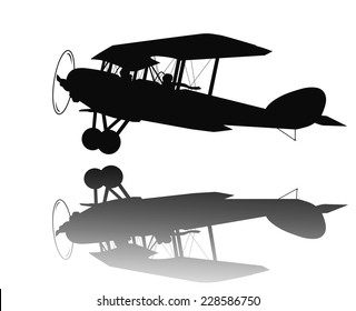 Vintage biplane taking off. Detailed vector silhouette