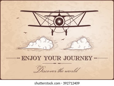 Vintage biplane. Vector retro plane illustration. Vector typographic poster "Enjoy your journey". Vintage poster for travel agencies and aviation companies.