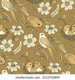 Vintage bird boho daisy flower seamless pattern design 