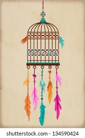 Vintage Bird Cage with colorful feathers and beads
