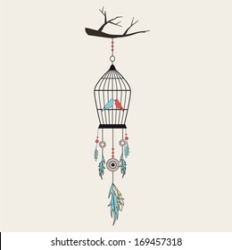 Vintage Bird Cage with colorful feathers and beads. Flat style