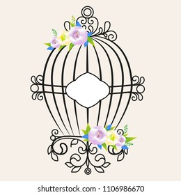 Vintage bird cage decorated with flowers on pink background