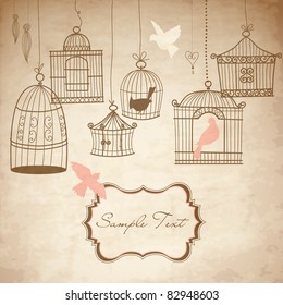 Vintage bird cages. Birds out of their cages concept vector