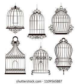 Vintage bird cages collection. Isolated on white. Clipart Vector