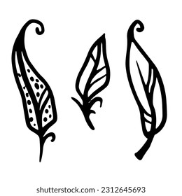 Vintage bird feathers, ink pen. Quill pen ink. Hand drawn doodle style vector illustration. Education, story telling, literature, nature, indian concept.