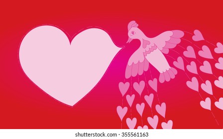Vintage bird and heart. Background with the image of hearts and bird. Romantic card with bird