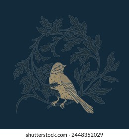 Vintage bird. Nature vintage elements. Arts and Crafts movement inspired. Vector design Isolated.