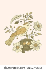 Vintage bird nest and daisy flowers printable poster