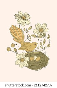 Vintage Bird Nest And Daisy Flowers Printable Poster