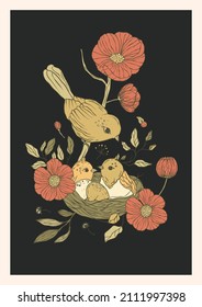 Vintage bird nest and rose poppy flowers printable poster