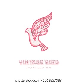 Vintage Bird Pink line Art Design with Text in White background.