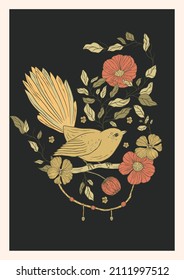 Vintage bird and rose poppy flowers printable poster