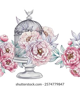 A vintage birdcage adorned with vibrant peonies, surrounded by lush greenery and soft pastel colors, conveying a serene moment in natures embrace seamless pattern, ornament