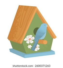 Vintage birdhouse with bright bird. House for small birds. Help for wild animals. Nature protection. Breeding of chicks. Vector illustration isolated on transparent background.
