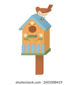 Vintage birdhouse with bright bird. House for small birds. Help for wild animals. Nature protection. Breeding of chicks. Vector illustration isolated on transparent background.