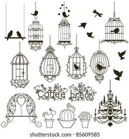 Vintage birds   birdcages collection   Isolated white  Clipart  Vector 