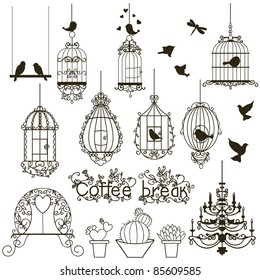 Vintage birds and birdcages collection.  Isolated on white. Clipart. Vector.