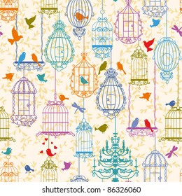 Vintage birds and birdcages collection. Pattern. Wallpaper.