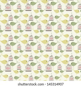 Vintage birds and birdcages collection. Seamless pattern. Wallpaper.