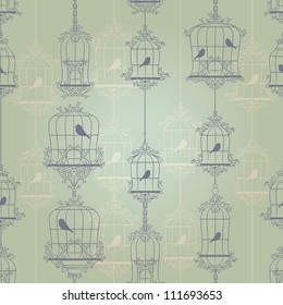 Vintage birds and birdcages. Pattern. Wallpaper.