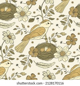 Vintage birds and daisy flowers seamless pattern. Retro illustration