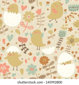 Vintage birds in flower. Cartoon birds in easter concept background. Seamless pattern can be used for wallpapers, pattern fills, web page backgrounds, surface textures. Gorgeous vector background