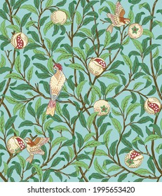 Vintage birds in foliage with birds and fruits seamless pattern on light green background. Middle ages style. Vector illustration.