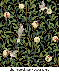 Vintage Birds In Foliage With Birds And Fruits Seamless Pattern On Dark Background. Middle Ages William Morris Style. Vector Illustration.