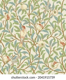 Vintage Birds In Foliage With Birds And Fruits Seamless Pattern On Light Beige Background. Middle Ages William Morris Style. Vector Illustration.