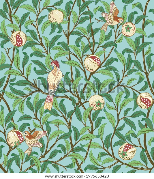 Vintage birds in foliage with birds and fruits seamless pattern on light green background. Middle ages style. Vector illustration.